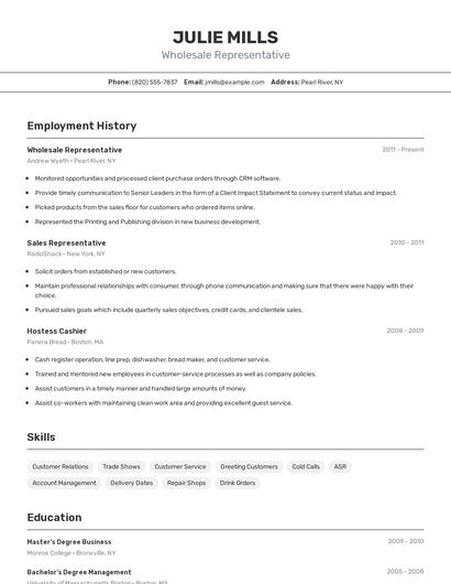 Wholesale Representative Resume