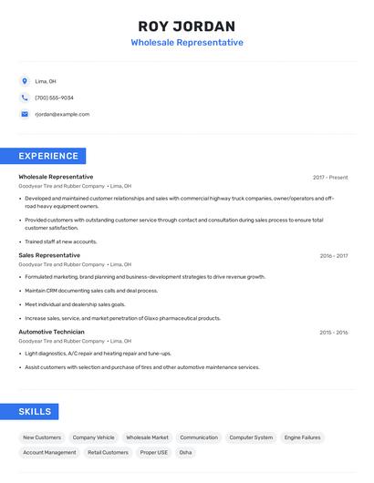 Wholesale Representative Resume