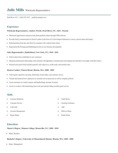 Wholesale Representative Resume
