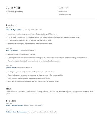 Wholesale Representative Resume