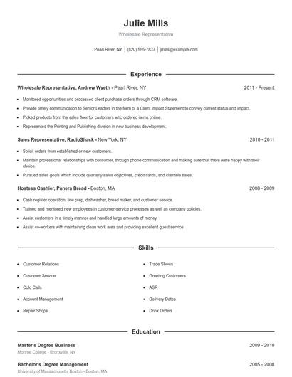 Wholesale Representative Resume