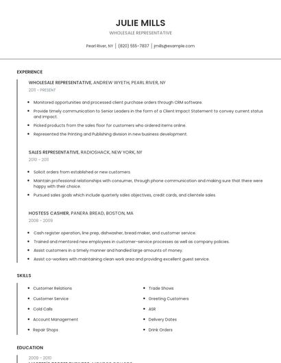 Wholesale Representative Resume