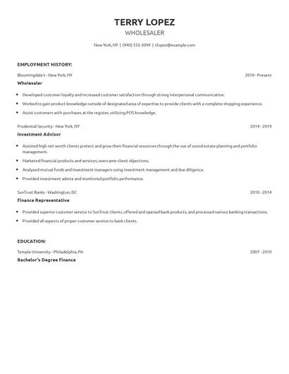 Wholesaler Resume