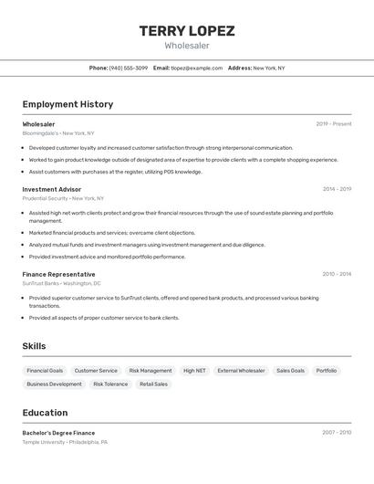 Wholesaler Resume