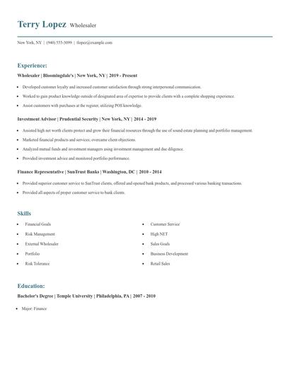 Wholesaler Resume