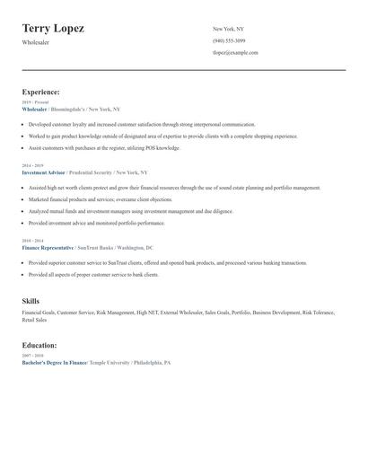 Wholesaler Resume