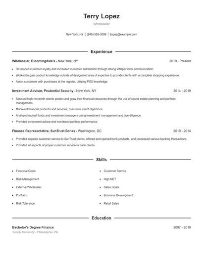 Wholesaler Resume