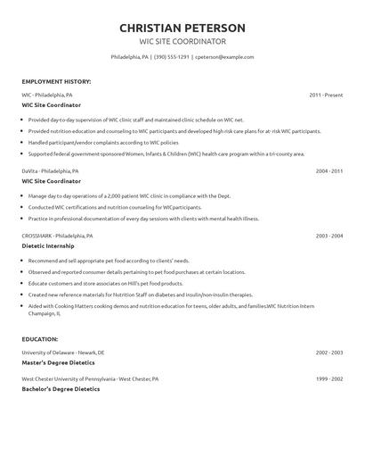 WIC Site Coordinator Resume