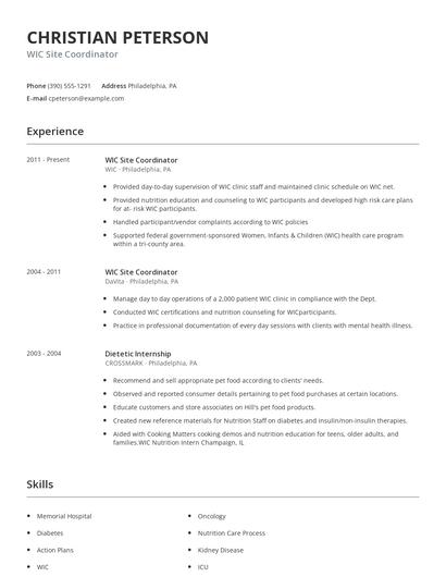 WIC Site Coordinator Resume