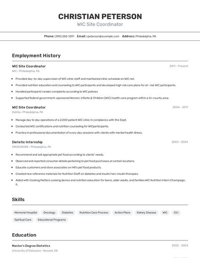 WIC Site Coordinator Resume
