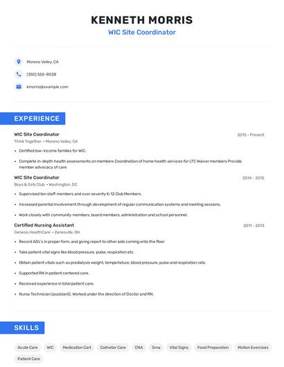 WIC Site Coordinator Resume