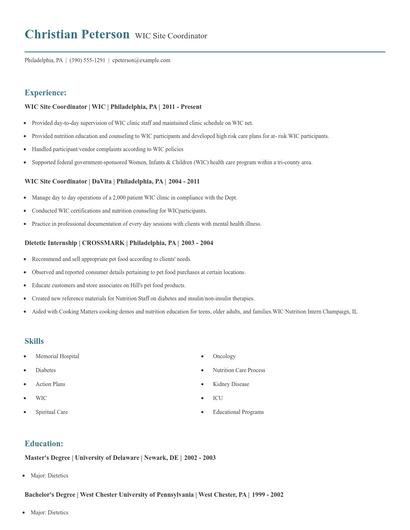 WIC Site Coordinator Resume