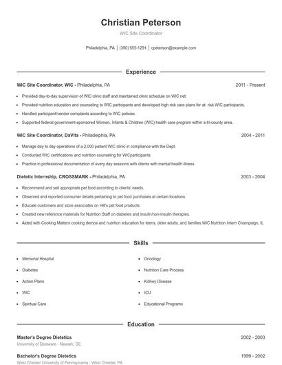 WIC Site Coordinator Resume