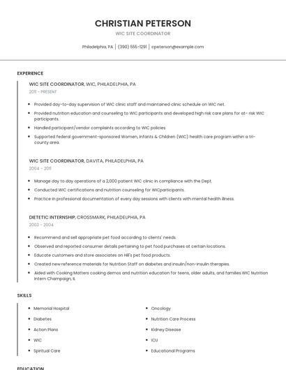 WIC Site Coordinator Resume