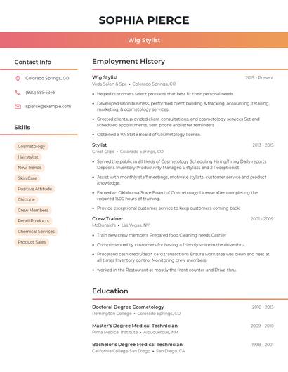 Wig Stylist Resume