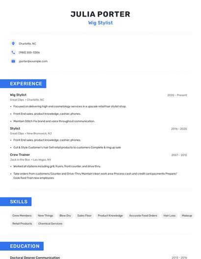 Wig Stylist Resume