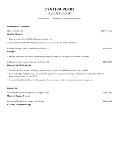 Wildlife Biologist Resume