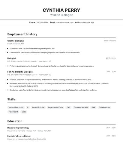 Wildlife Biologist Resume