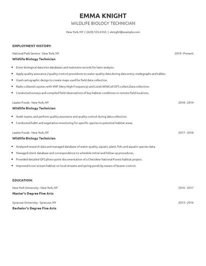 Wildlife Biology Technician Resume
