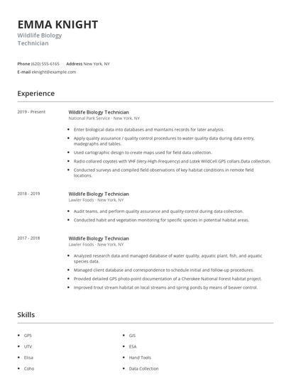Wildlife Biology Technician Resume