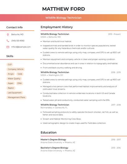 Wildlife Biology Technician Resume