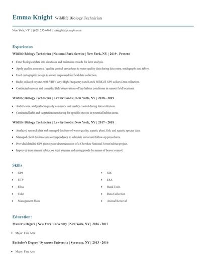 Wildlife Biology Technician Resume