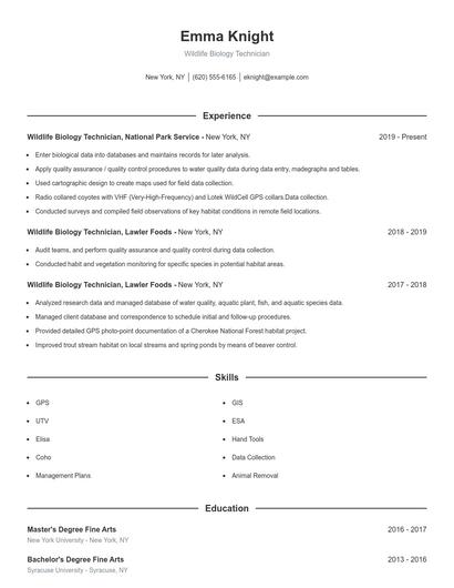 Wildlife Biology Technician Resume