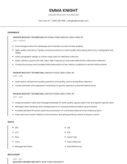 Wildlife Biology Technician Resume