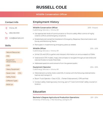 Wildlife Conservation Officer Resume