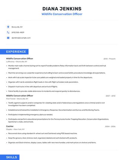 Wildlife Conservation Officer Resume