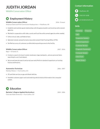 Wildlife Conservation Officer Resume