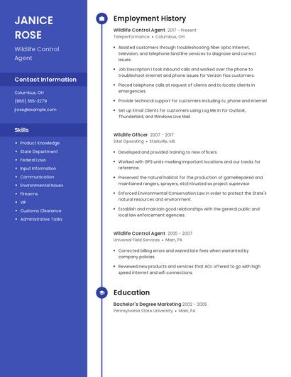 Wildlife Control Agent Resume