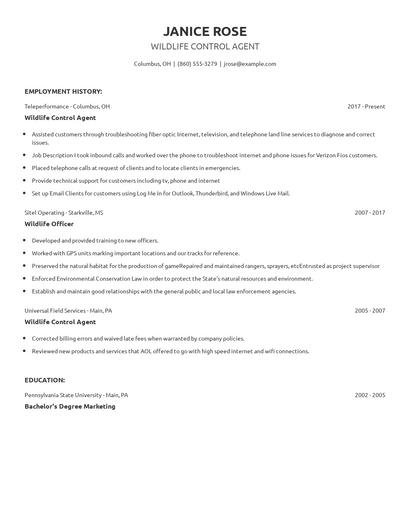 Wildlife Control Agent Resume