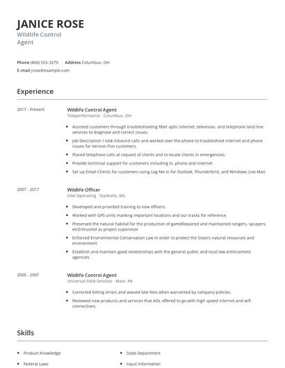Wildlife Control Agent Resume