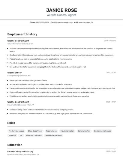 Wildlife Control Agent Resume