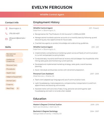 Wildlife Control Agent Resume