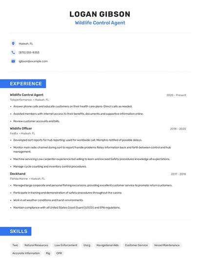 Wildlife Control Agent Resume