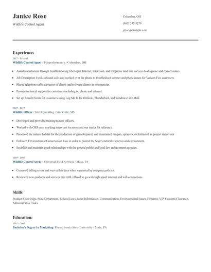 Wildlife Control Agent Resume
