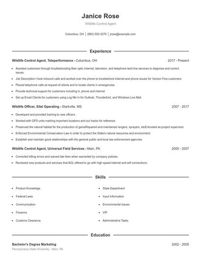 Wildlife Control Agent Resume