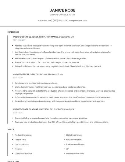 Wildlife Control Agent Resume