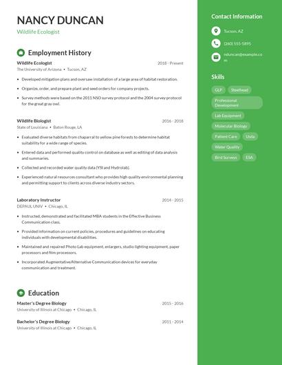Wildlife Ecologist Resume
