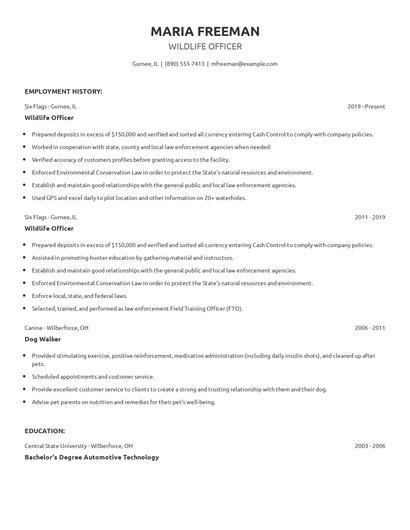 Wildlife Officer Resume