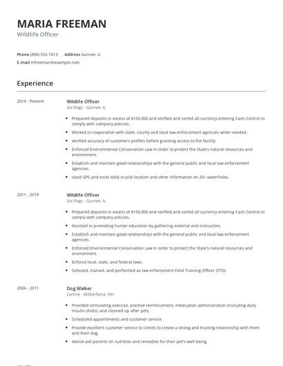 Wildlife Officer Resume