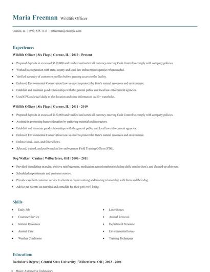 Wildlife Officer Resume
