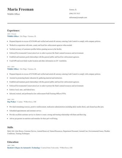 Wildlife Officer Resume
