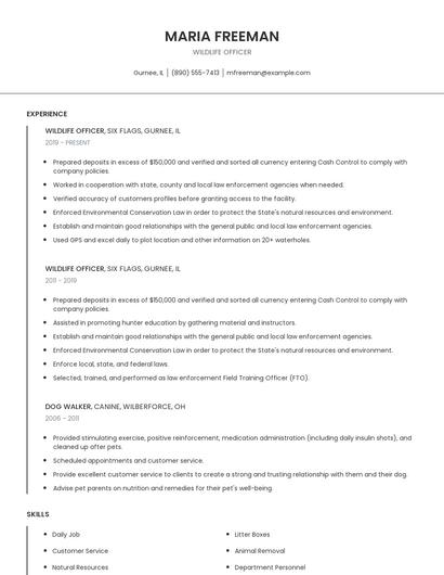 Wildlife Officer Resume