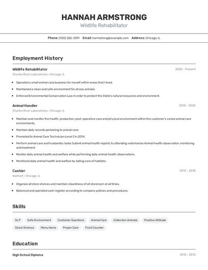 Wildlife Rehabilitator Resume