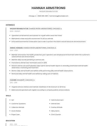 Wildlife Rehabilitator Resume