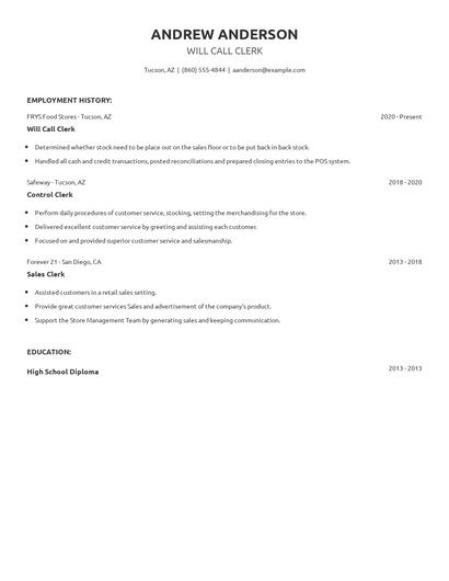 Will Call Clerk Resume