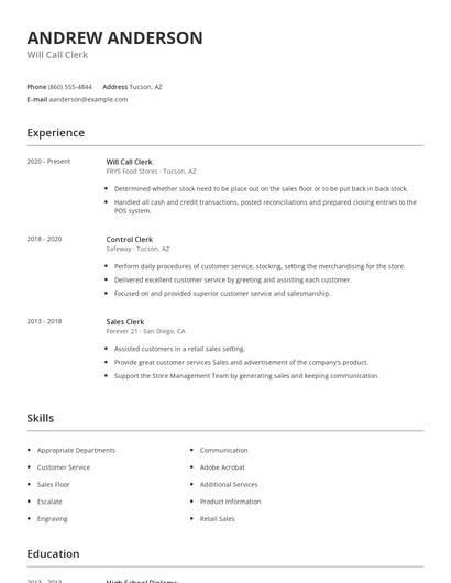 Will Call Clerk Resume